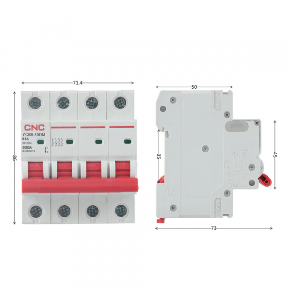 Модульний автоматичний вимикач YCB9-80DM, 3Р, 6А, B, 6кА, постійний струм, DC 500V, CNC