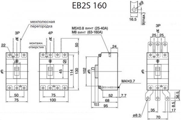Автоматичний вимикач ETI 4671885 EB2S 160/3LA 160А 3P (16kA регульований)