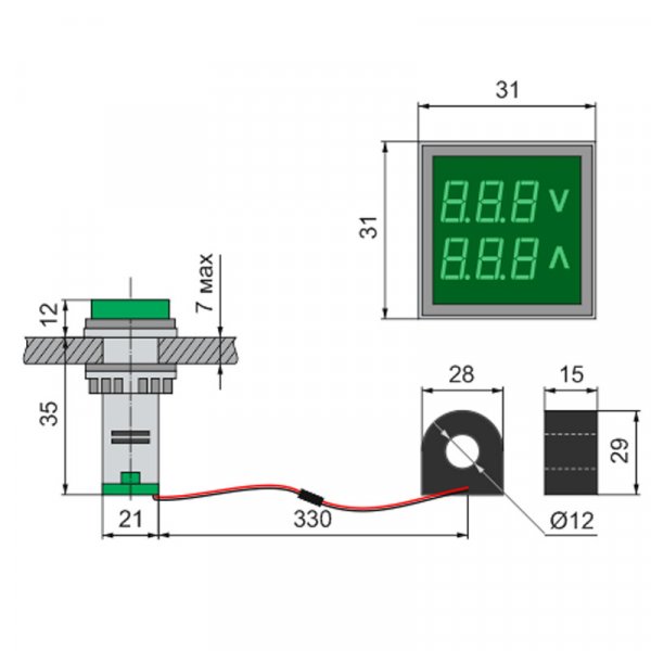 Вольтметр/Амперметр квадрат (з трансформатором), AD22-VA, зелений Electro