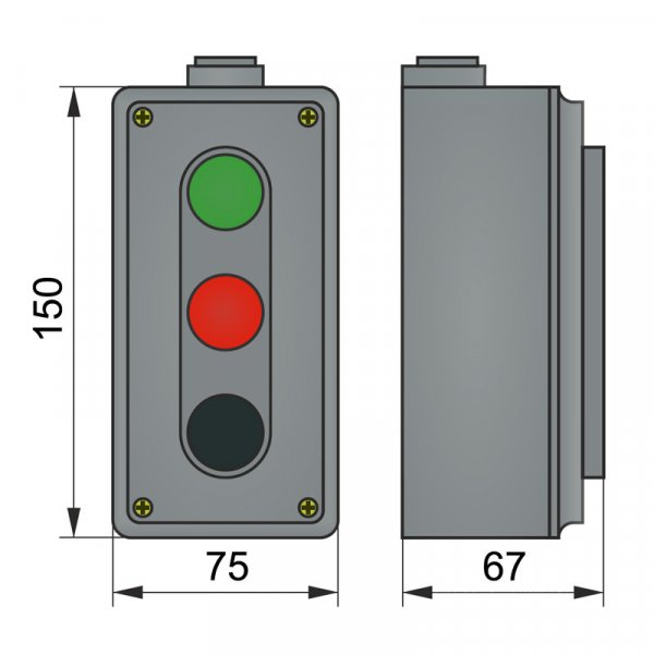Пост кнопковий ПК722-3, 10A, 230/400B, IP44 (корпус карболит, 1 червона, 1 чорна, 1 зелена), Electro
