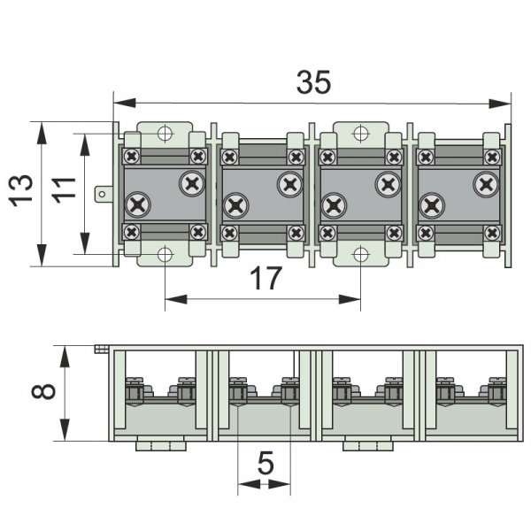 Кабельный разветвитель 35x6x4, монтажный, 1х35мм.кв. / 4х6мм.кв х 4, под опломб.,с крышкой, 125A/75A, 400B