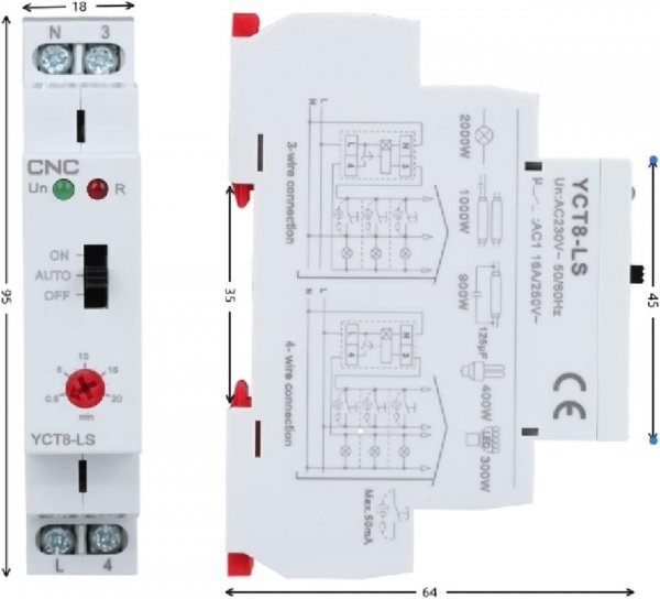 Модульне реле витримки часу сходове YCT8-LS AC 230В, 1NO - 16А АС1 250В / DC 24В CNC